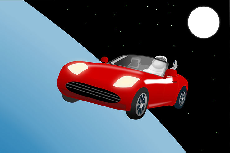 cartoon tesla car in space